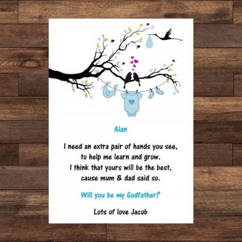 Personalised Godparent Request card - Blue Clothes Washing Line